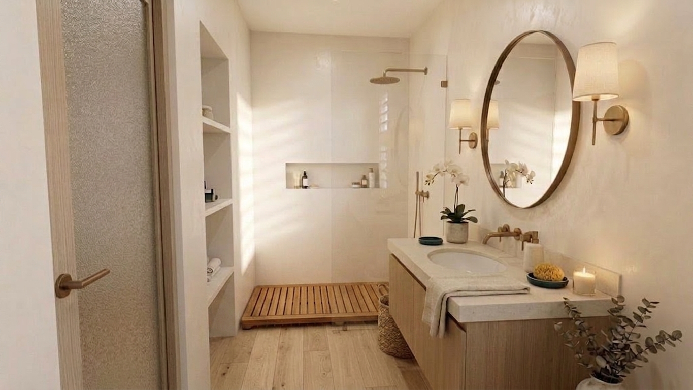 L'Atelier - Salle de bain parquet chêne clair + tapis de douche teck