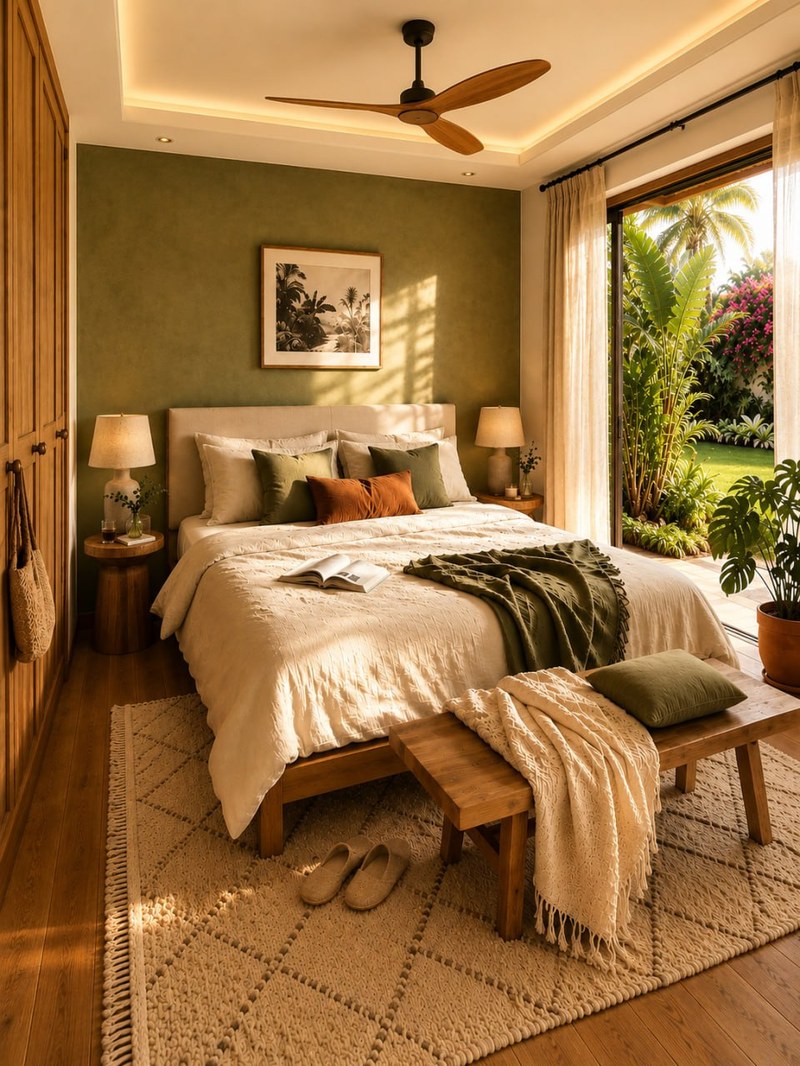 Le Jardin - Chambre wabi-sabi lit bois & vert