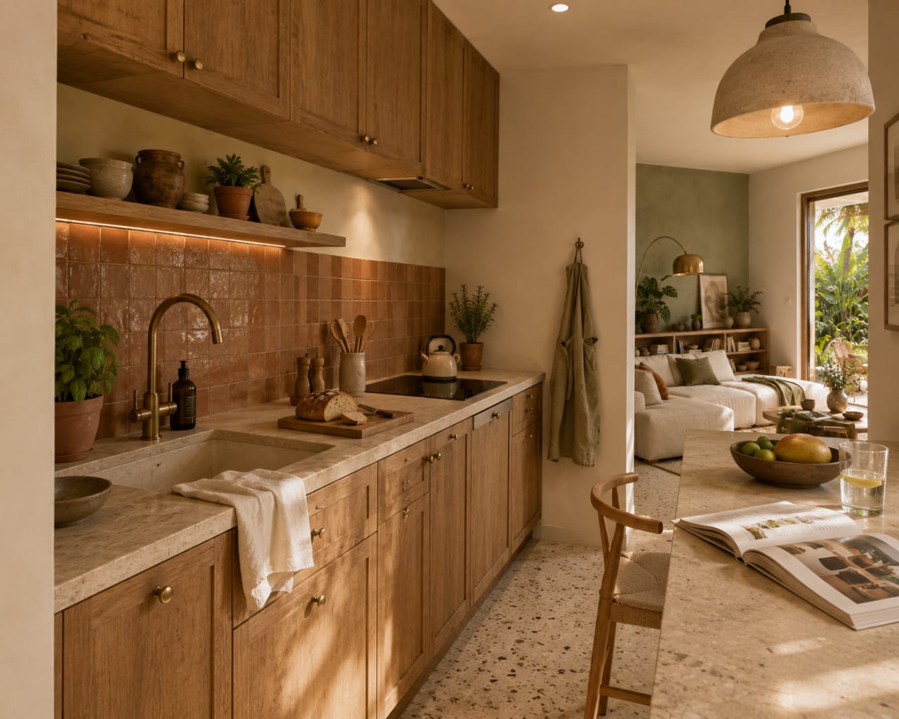 Le Jardin - Cuisine ouverte terrazzo & travertin