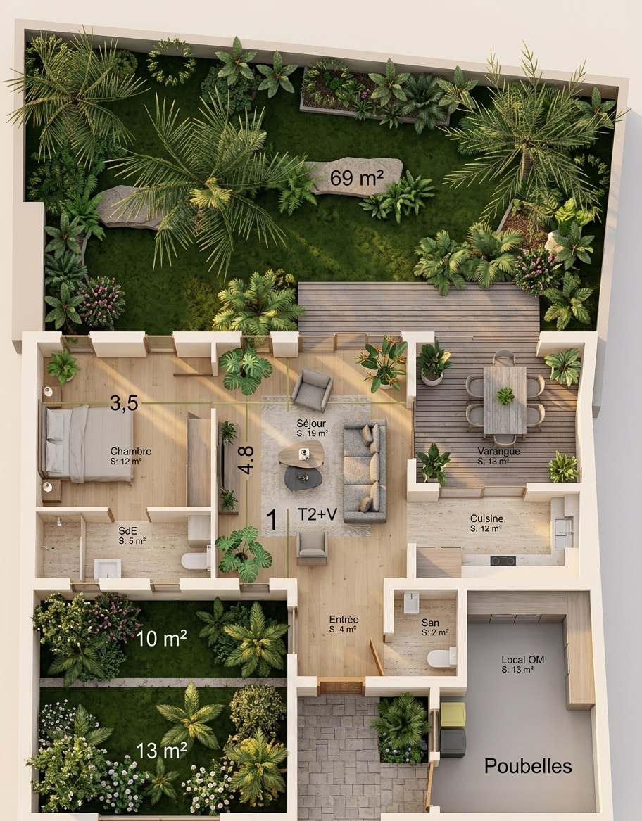 Vue aérienne du Jardin — T2+V, séjour 19 m², chambre 12 m², jardin privatif 69 m²
