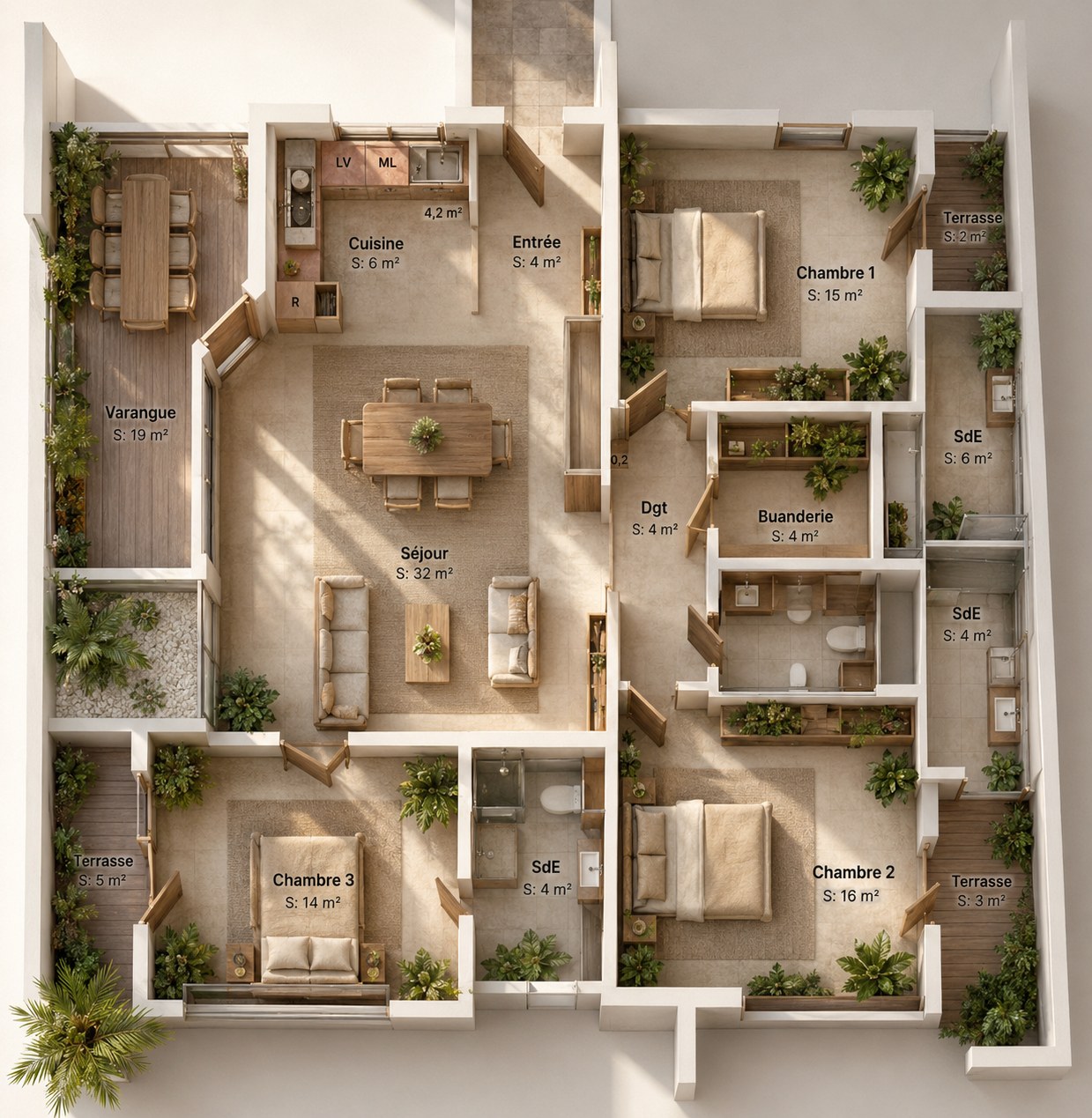Vue aérienne de L'Atelier — séjour 32 m², 3 chambres, varangue 19 m²