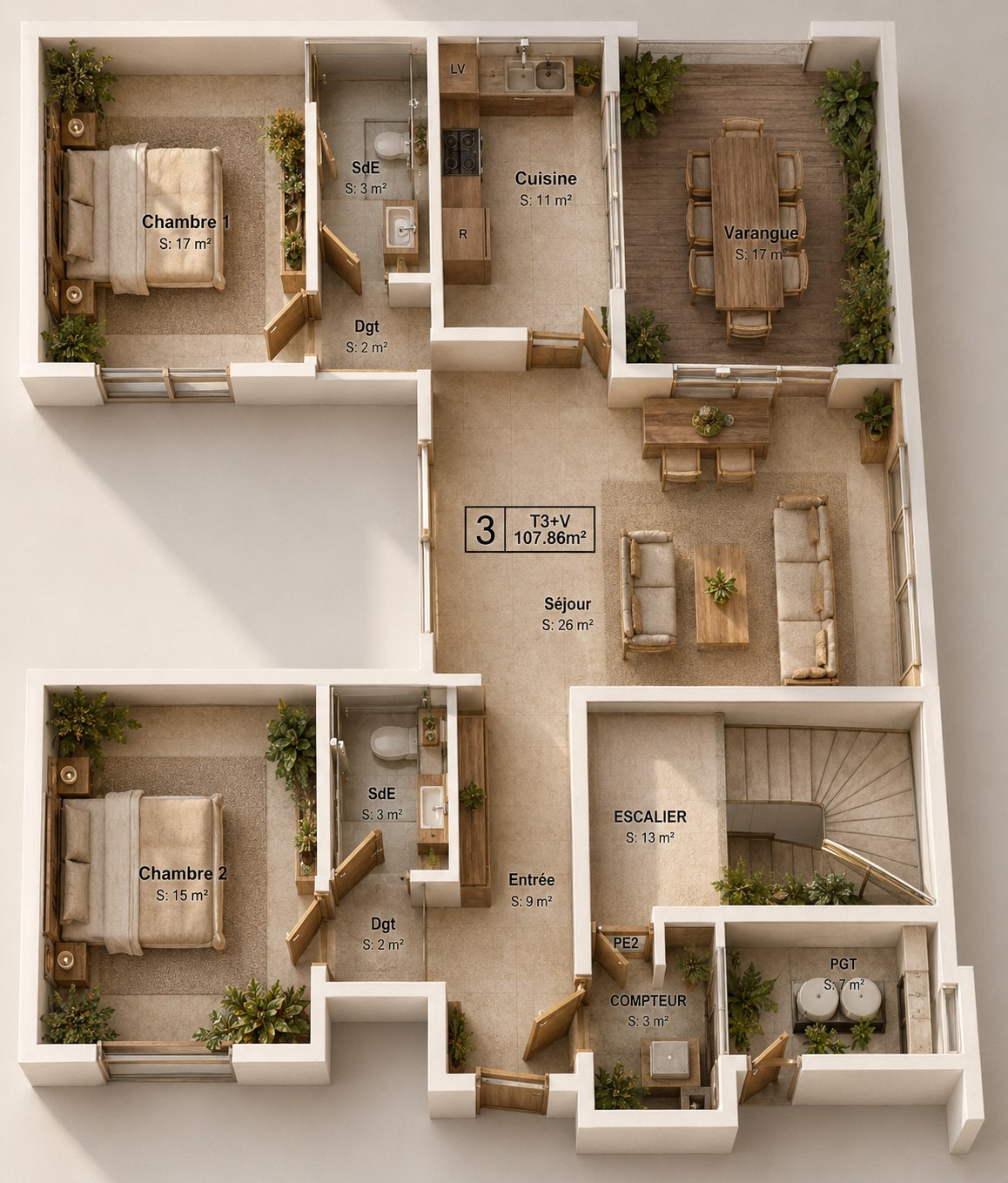 Vue aérienne du Carré — T3+V, séjour 26 m², 2 chambres, varangue 17 m²