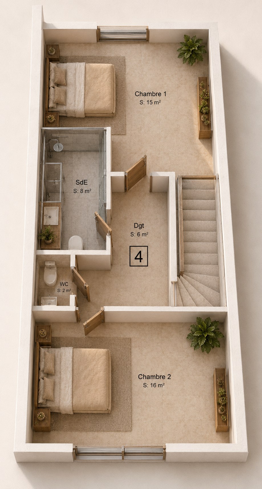 Vue aérienne du Duplex — Étage : 2 chambres, salle d'eau 8 m²
