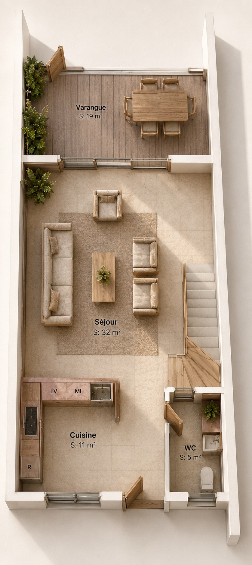 Vue aérienne du Duplex — Rez-de-chaussée : séjour 32 m², cuisine 11 m², varangue 19 m²