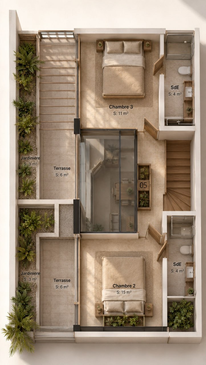 Vue aérienne de La Mezzanine — Étage : 2 chambres, 2 salles d'eau