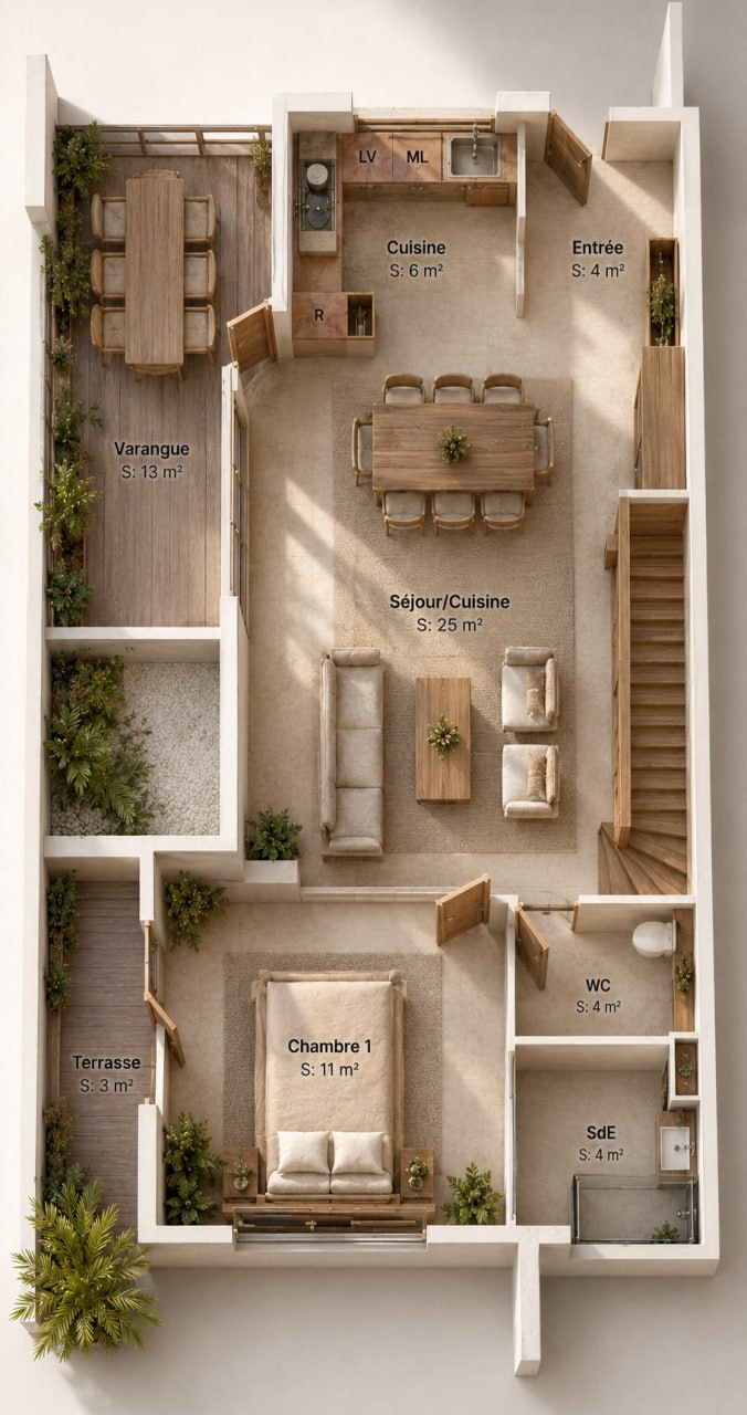 Vue aérienne de La Mezzanine — RDC : séjour 25 m², chambre 11 m², varangue 13 m²