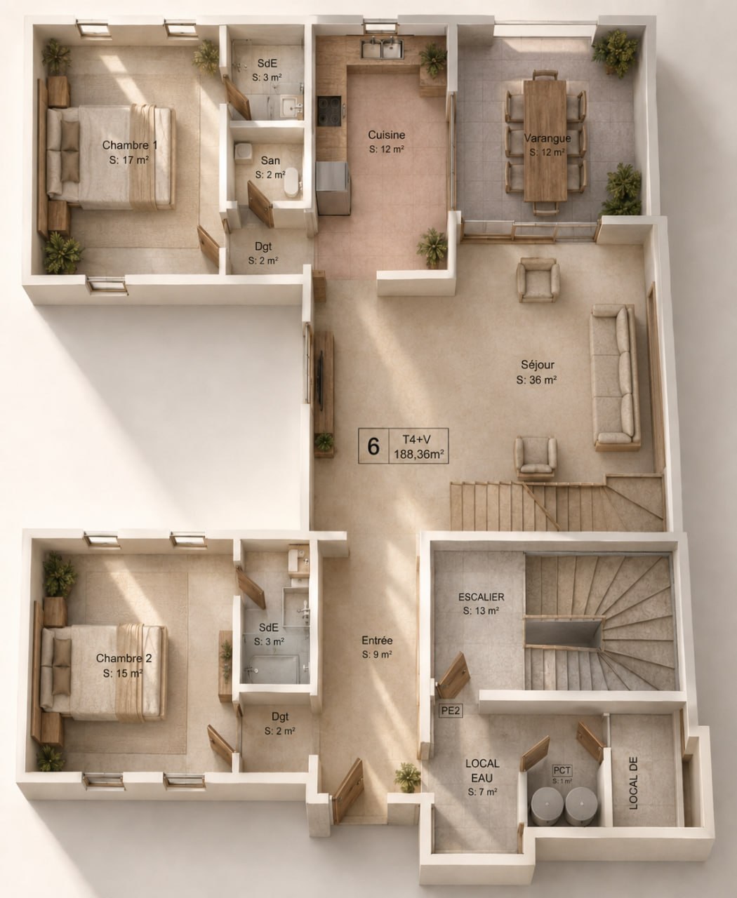 Vue aérienne du Belvédère — T4+V, séjour 36 m², 2 chambres, varangue 12 m²